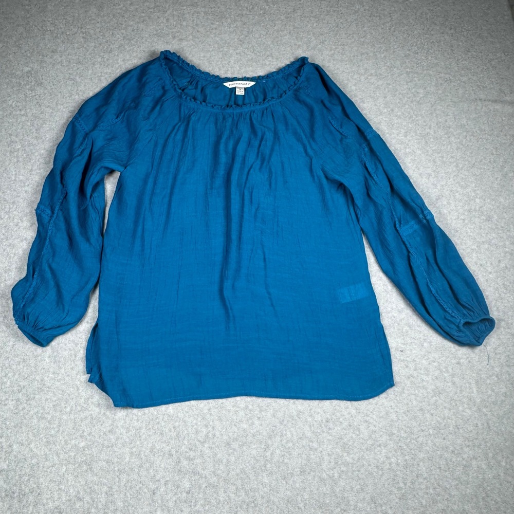 Counterparts Womens Blue Ruffle Neck Crochet Trim Peasant Blouse M 9118912HA